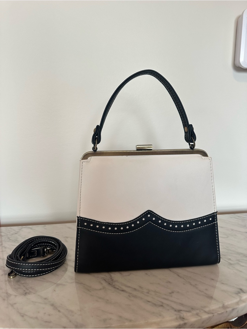 Top-Handle Crossbody Satchel with Red Bow Accent - White & Black - Picture 2 of 4
